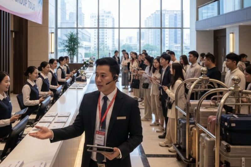 Dong DMC operations lead coordinating front office and bell desk for staged group check-in with pre-packed key envelopes